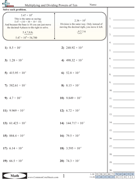 5.nbt.2 Worksheets - Multiplying and Dividing Powers of Ten worksheet